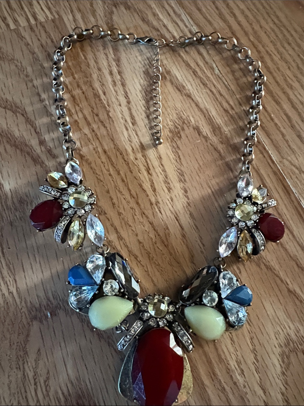 VINTAGE MULTICOLORED RHINESTONES GLASS STONE ANTIQUE GOLD-TONE 16-19" NECKLACE - Picture 8 of 10